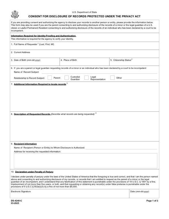 Primera página del formulario DS-4240