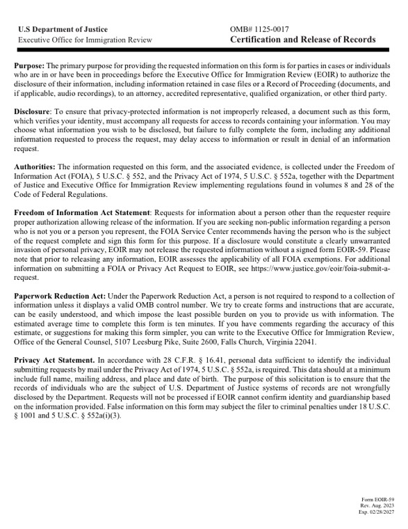 Primera página del formulario EOIR-59
