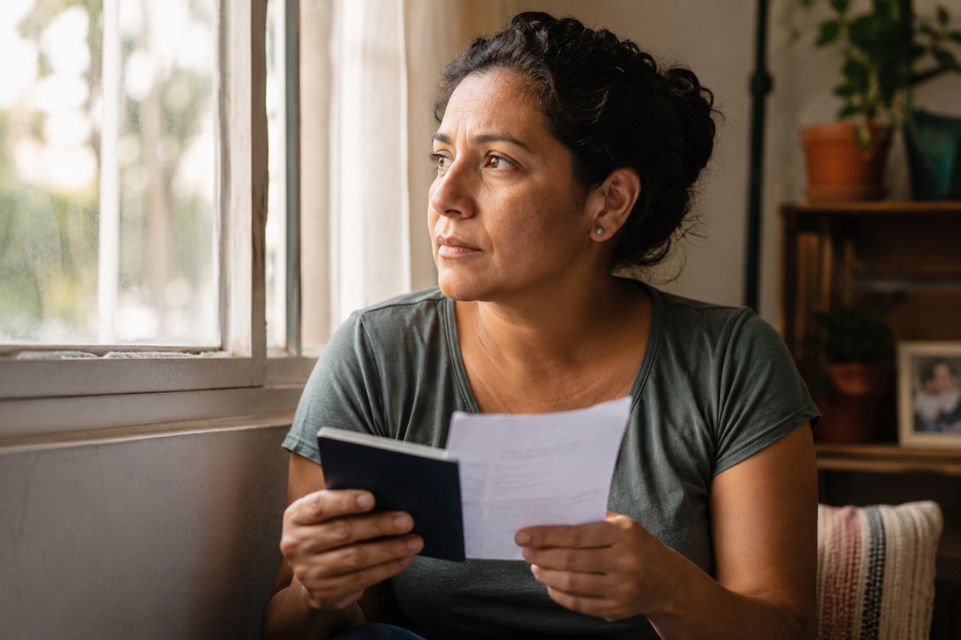 Clienta con su pasaporte y una carta en la mano, mirando por la ventana